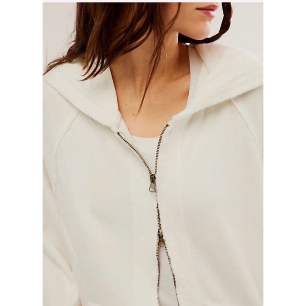 Free People Yoko White Longline Zip Up Hoodie Duster Jacket Raw Edge Seam S - Picture 3 of 8